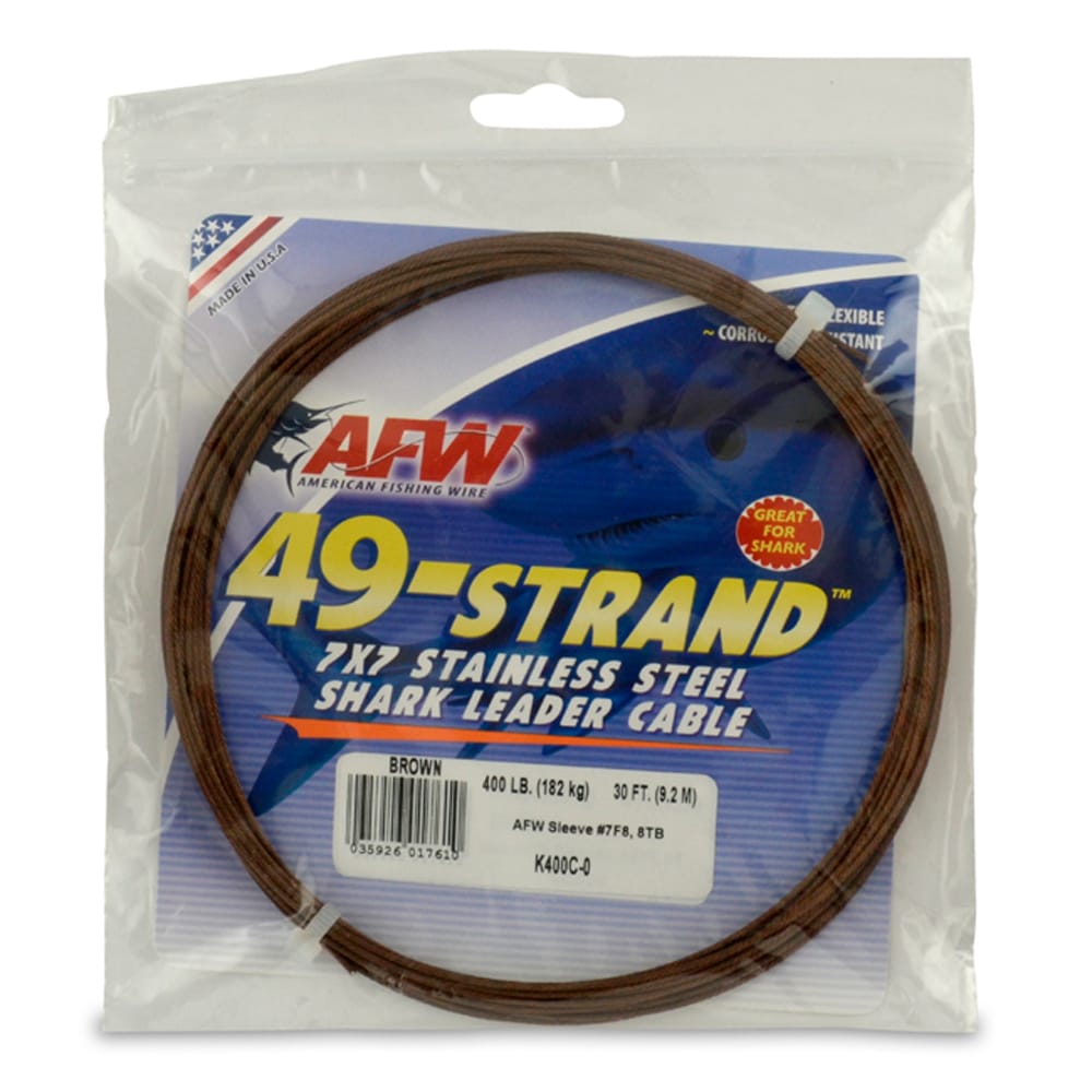 AFW 49 Strand 7x7 Stainless Steel Shark Leader Cable, 400 lb, camo brown, 30 ft coil
