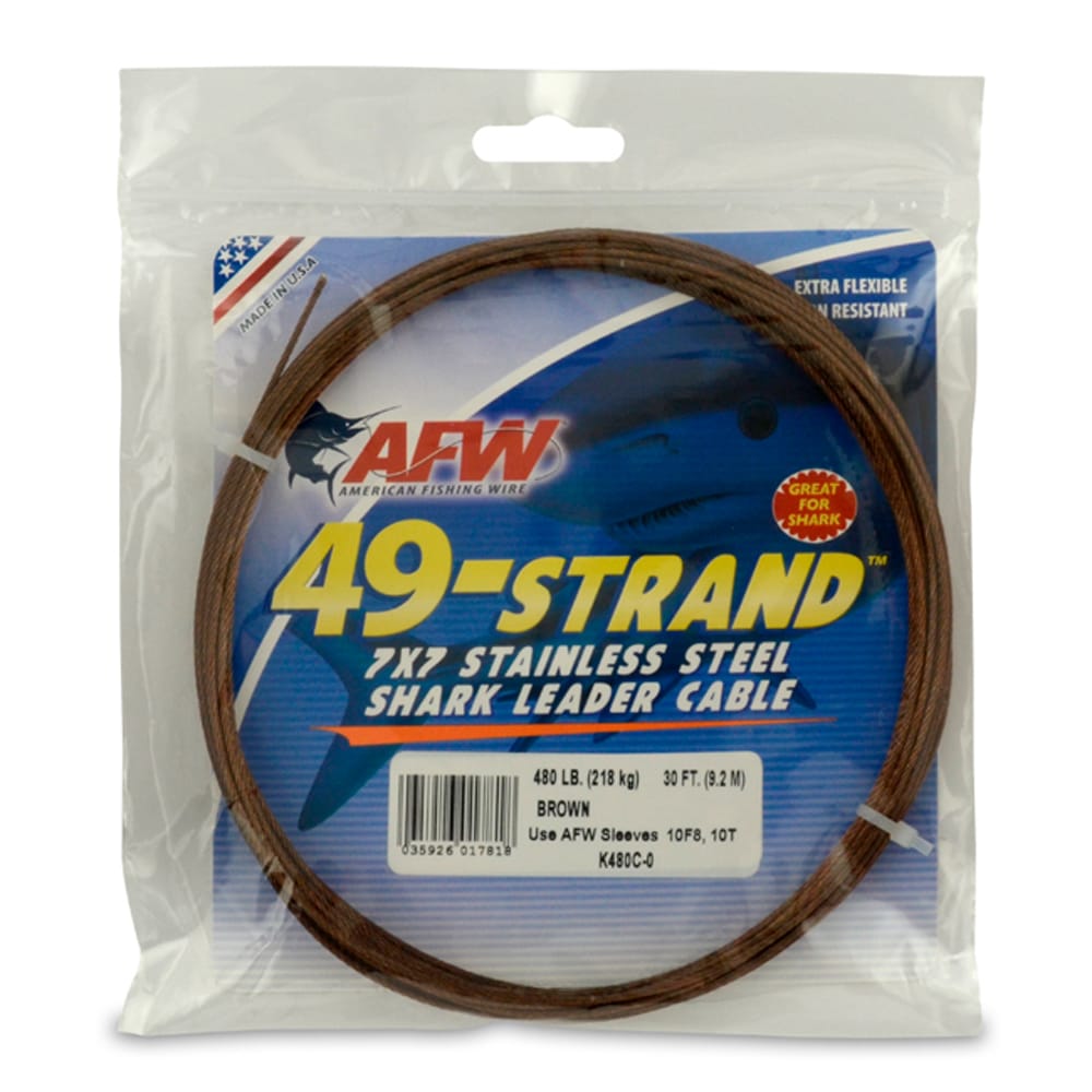 AFW 49 Strand 7x7 Stainless Steel Shark Leader Cable, 480 lb, camo brown, 30 ft coil