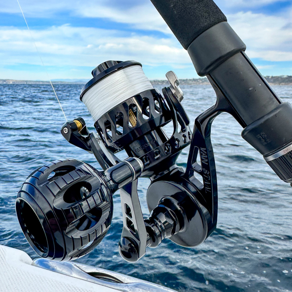 closeup of van staal reel on water