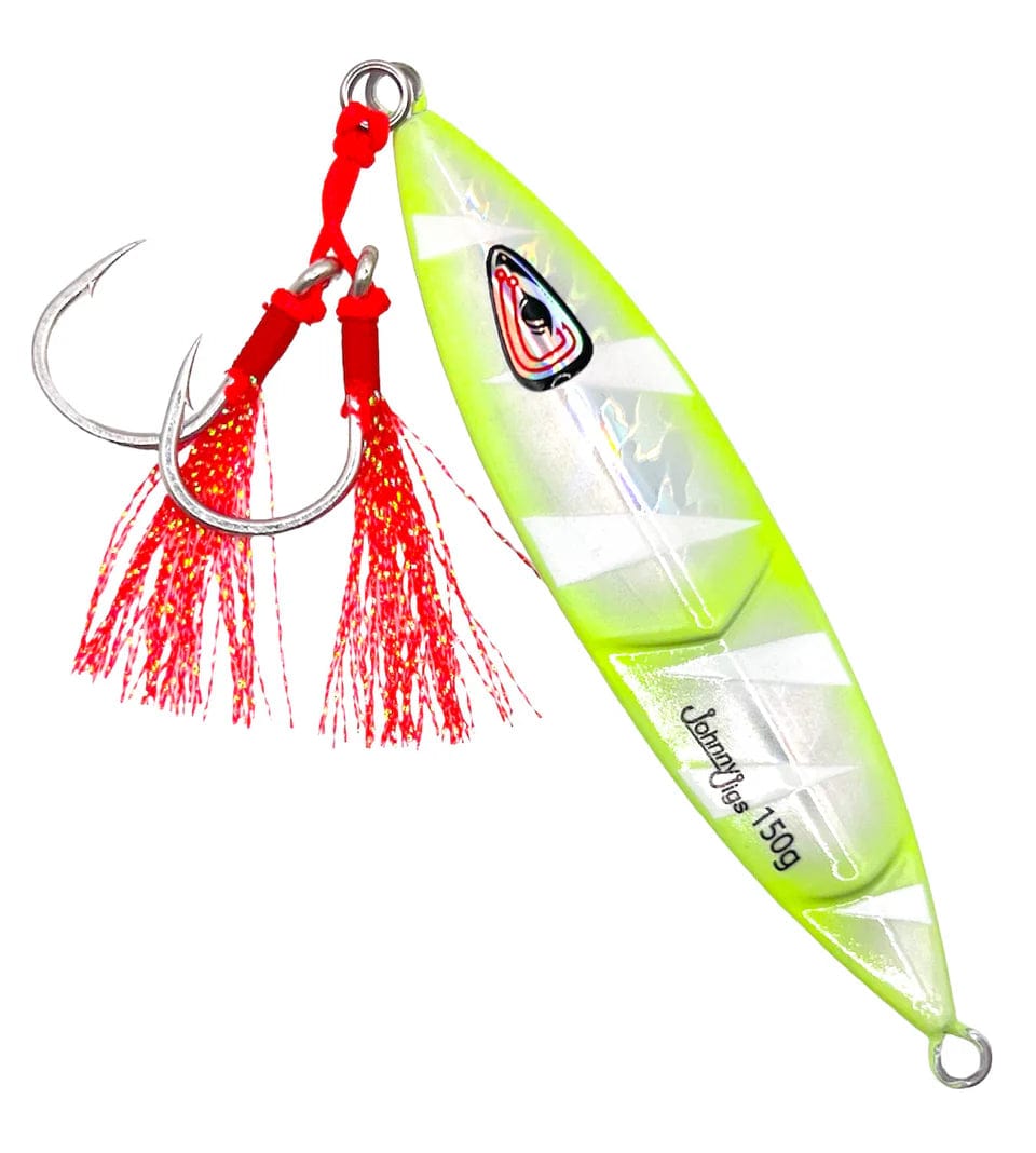 Johnny Jigs Ridged Slow Pitch Jig - Pre-rigged Silver/Glow / 60g