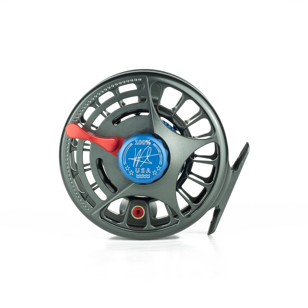 Seigler MF (Medium Fly) Lever Drag Fly Reel Gunmetal with Red, Silver, & Blue Accents