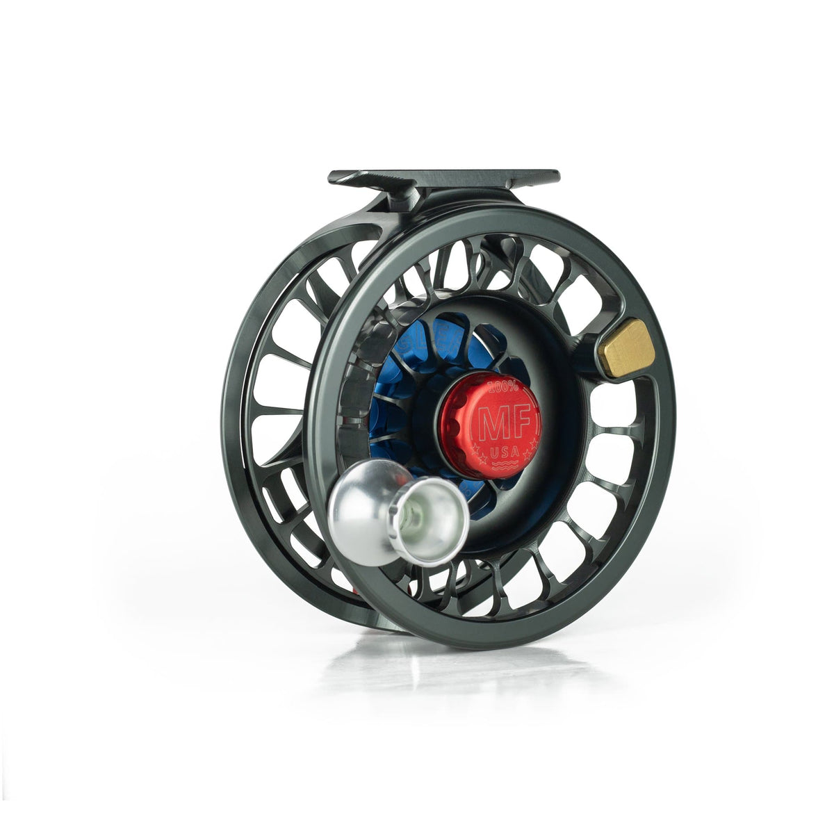 Seigler MF (Medium Fly) Lever Drag Fly Reel Gunmetal with Red, Silver, & Blue Accents