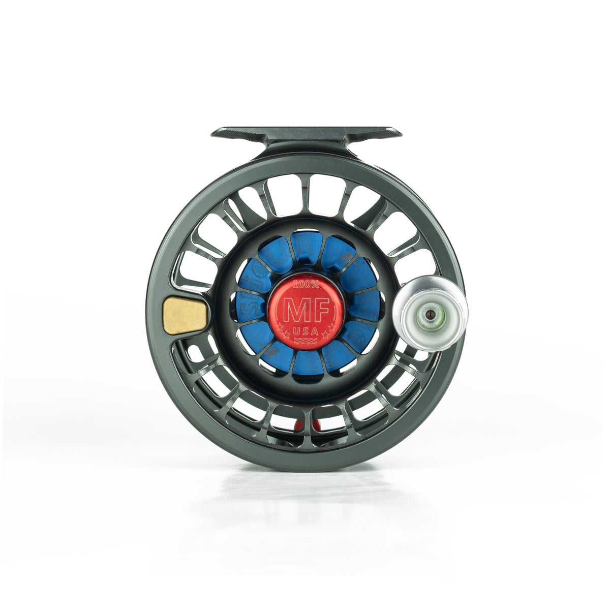Seigler MF (Medium Fly) Lever Drag Fly Reel Gunmetal with Red, Silver, & Blue Accents