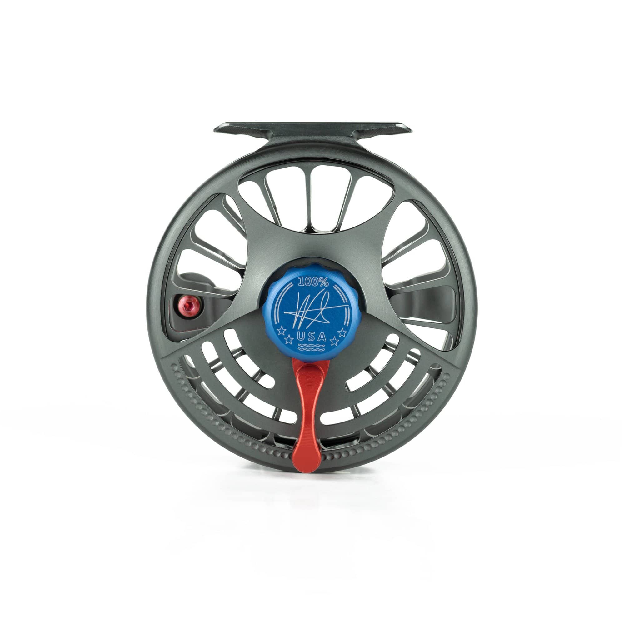 Seigler SF (Small Fly) Lever Drag Fly Reel Gunmetal with Red, Silver, & Blue Accents