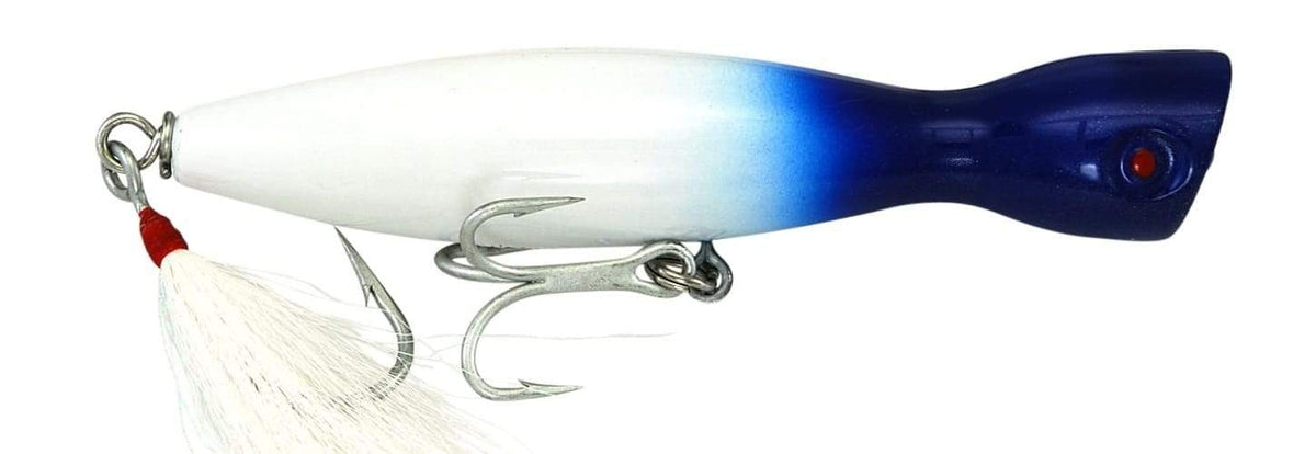 big white and blue popper fishing lure Super Strike Little Neck Popper, Heavy, 2-3/4oz, Golden Massacre